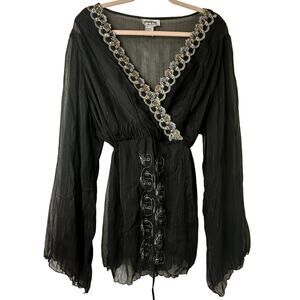 3X Sheer Black Metallic Pinstripe Embroidered Top Flowy Boho Glam Fairy Grunge